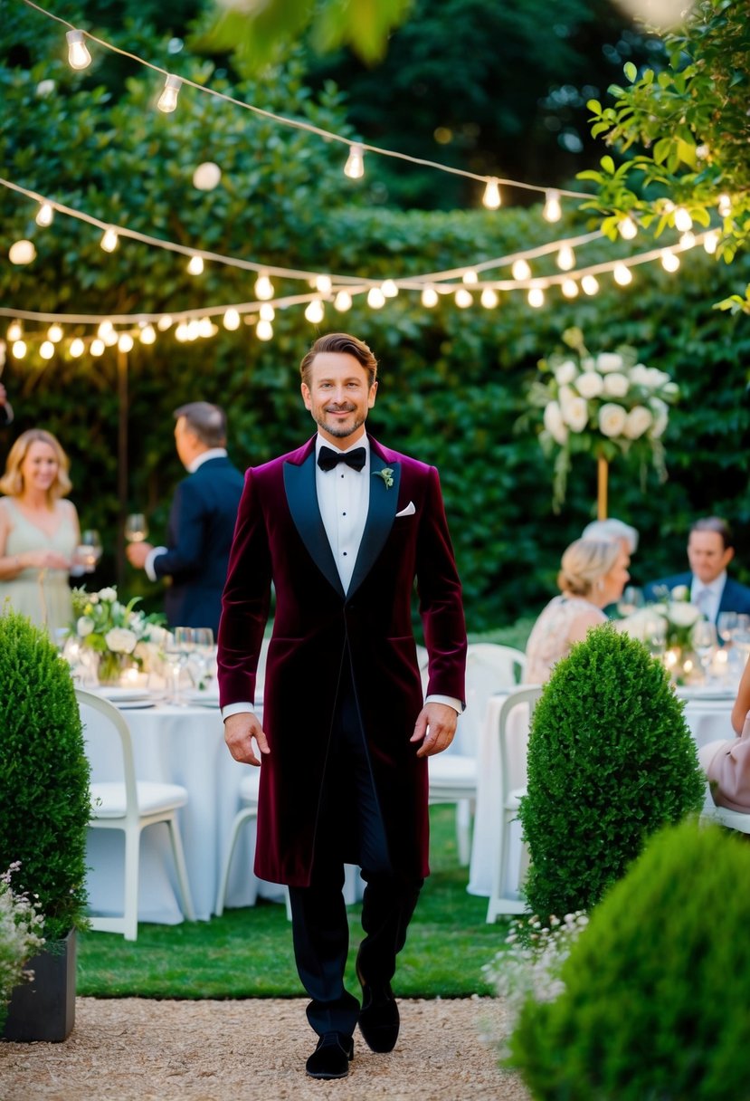 A garden party scene with a figure in a velvet evening coat, surrounded by lush greenery and elegant outdoor lighting