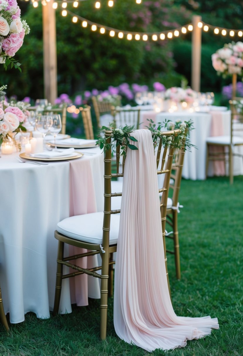 A floral garden with a table set for an evening party, featuring a pleated chiffon skirt draped over a chair and surrounded by blooming flowers and twinkling lights