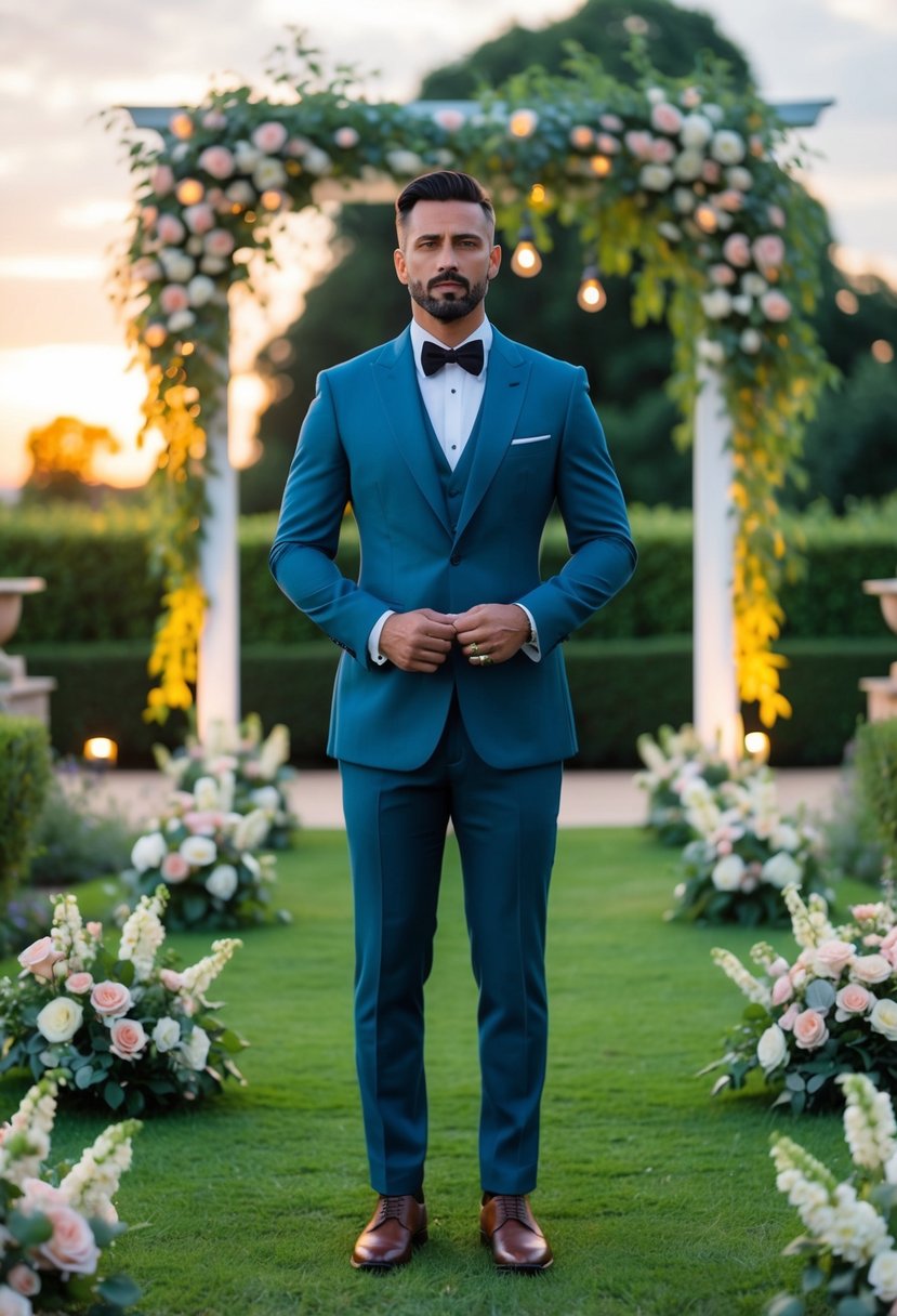 A well-dressed man in a tailored evening suit stands in a lush garden at sunset, surrounded by elegant floral arrangements and soft ambient lighting