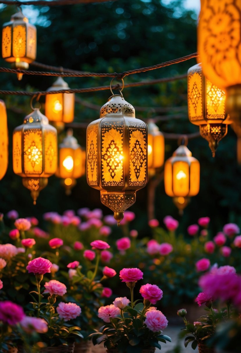 A garden filled with Moroccan lanterns, emitting a warm glow as they are powered by the sun