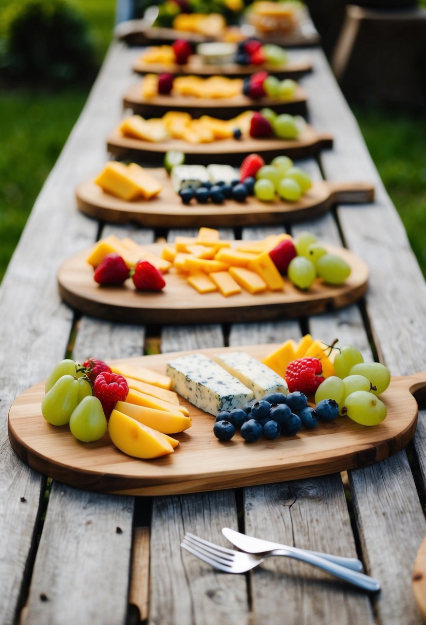 Wooden serving boards arranged with fresh fruits and cheese on a rustic outdoor table for a garden party