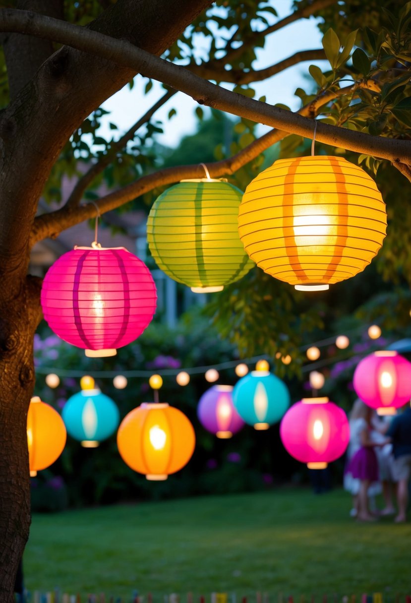 Colorful paper lanterns hang from tree branches in a lush garden, casting a warm glow over the party