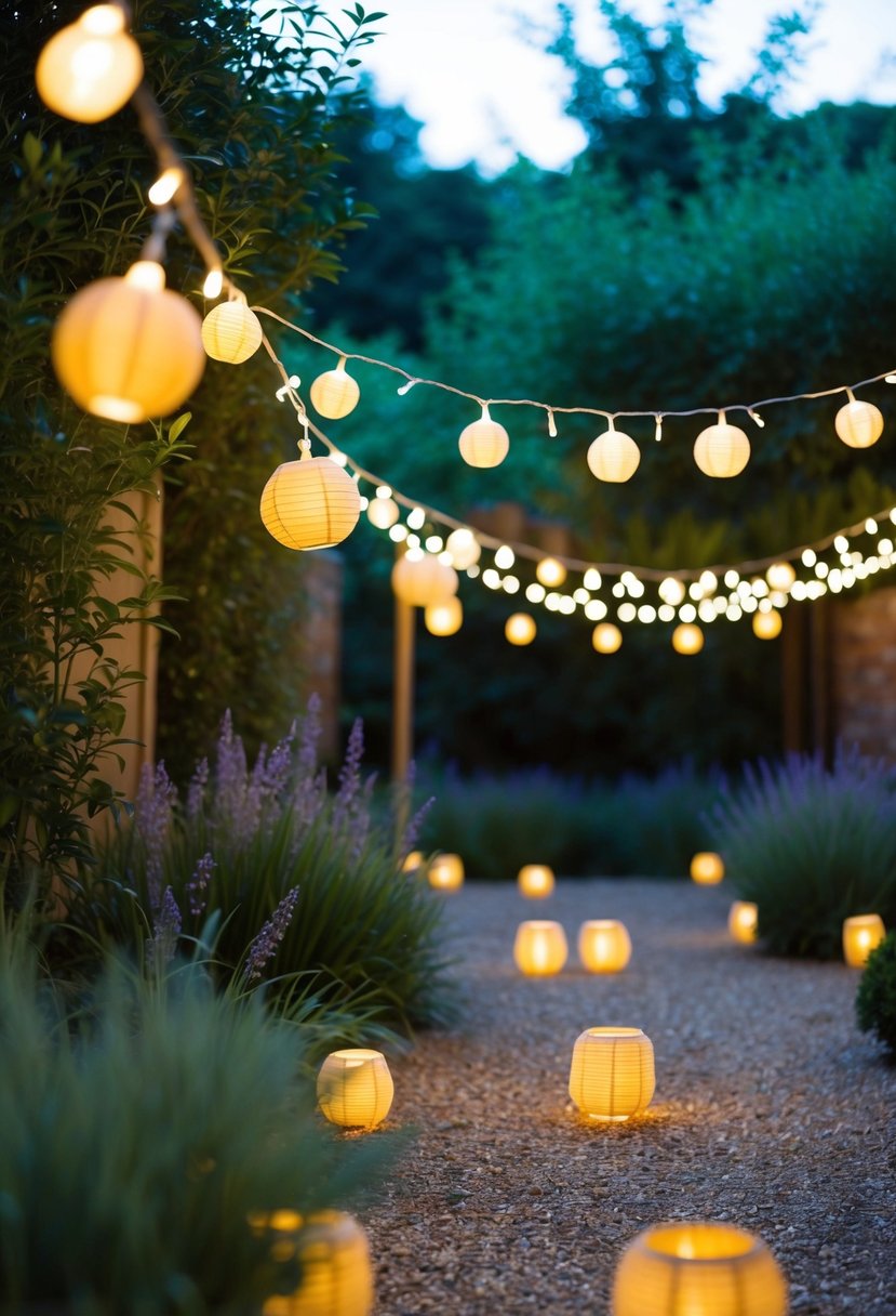 A garden adorned with LED fairy string lights, creating a magical atmosphere for a lantern-themed party