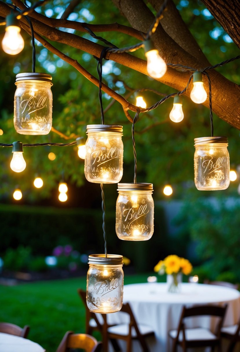A garden party scene with mason jar lid lights hanging from tree branches, creating a warm and cozy atmosphere