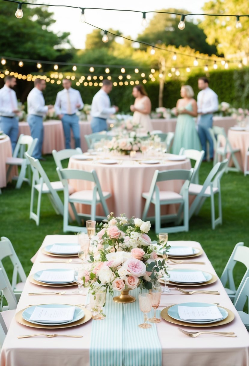A garden party with pastel linen suits, tables adorned with floral centerpieces, and string lights creating a warm and inviting atmosphere