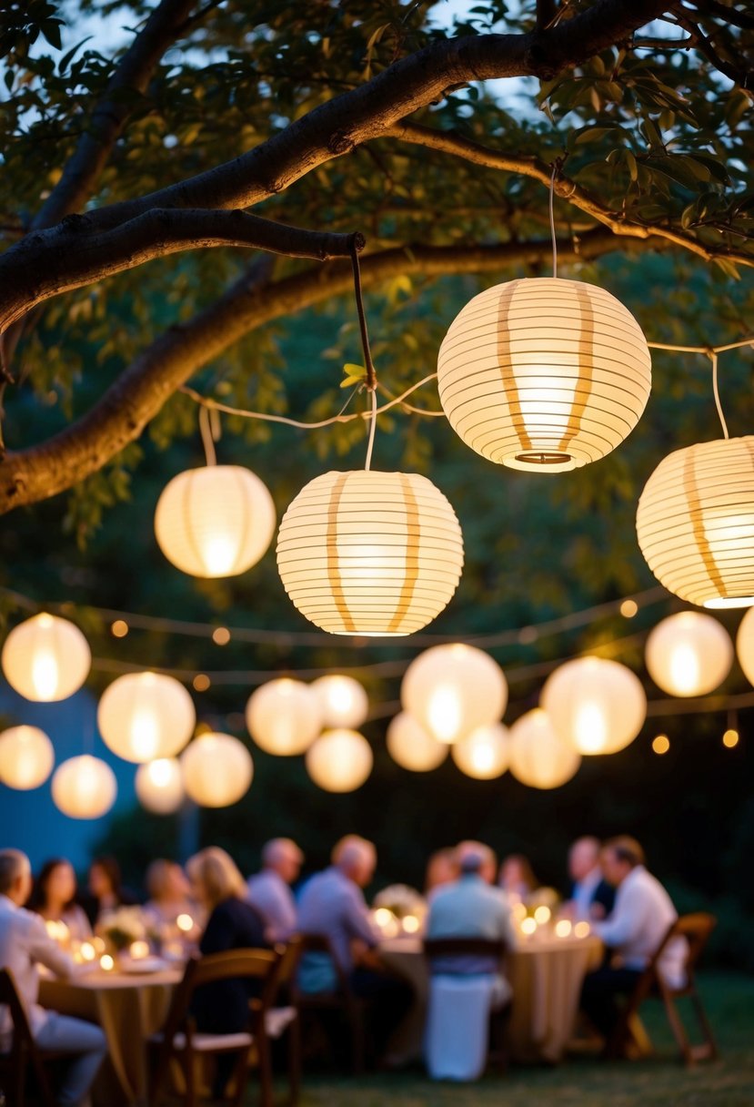 Glowing orb lanterns hang from tree branches, casting a warm, ethereal light over a garden party