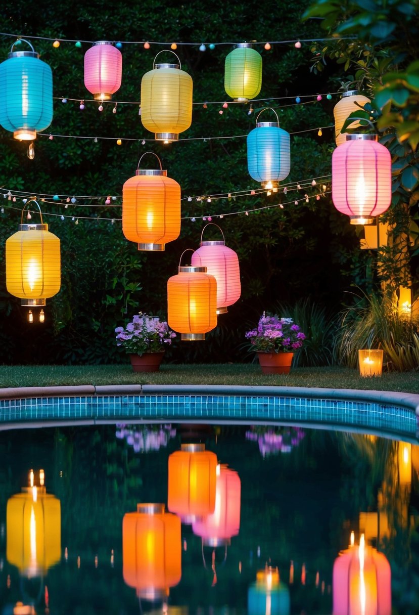 Colorful lanterns float above a serene pool, casting a warm glow on the water's surface. Lush greenery surrounds the scene, creating a magical garden party ambiance