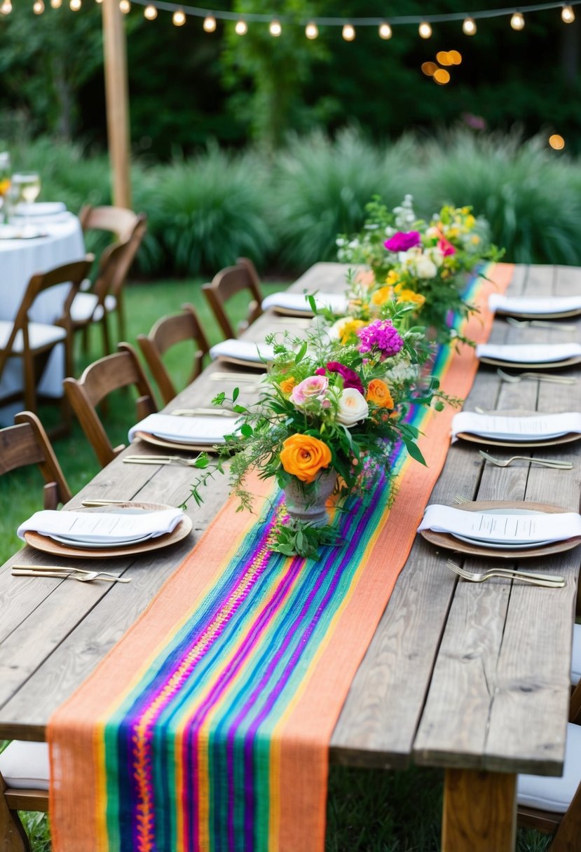 Vibrant handwoven table runners adorn rustic wooden tables at a garden party rehearsal dinner, surrounded by lush greenery and twinkling string lights