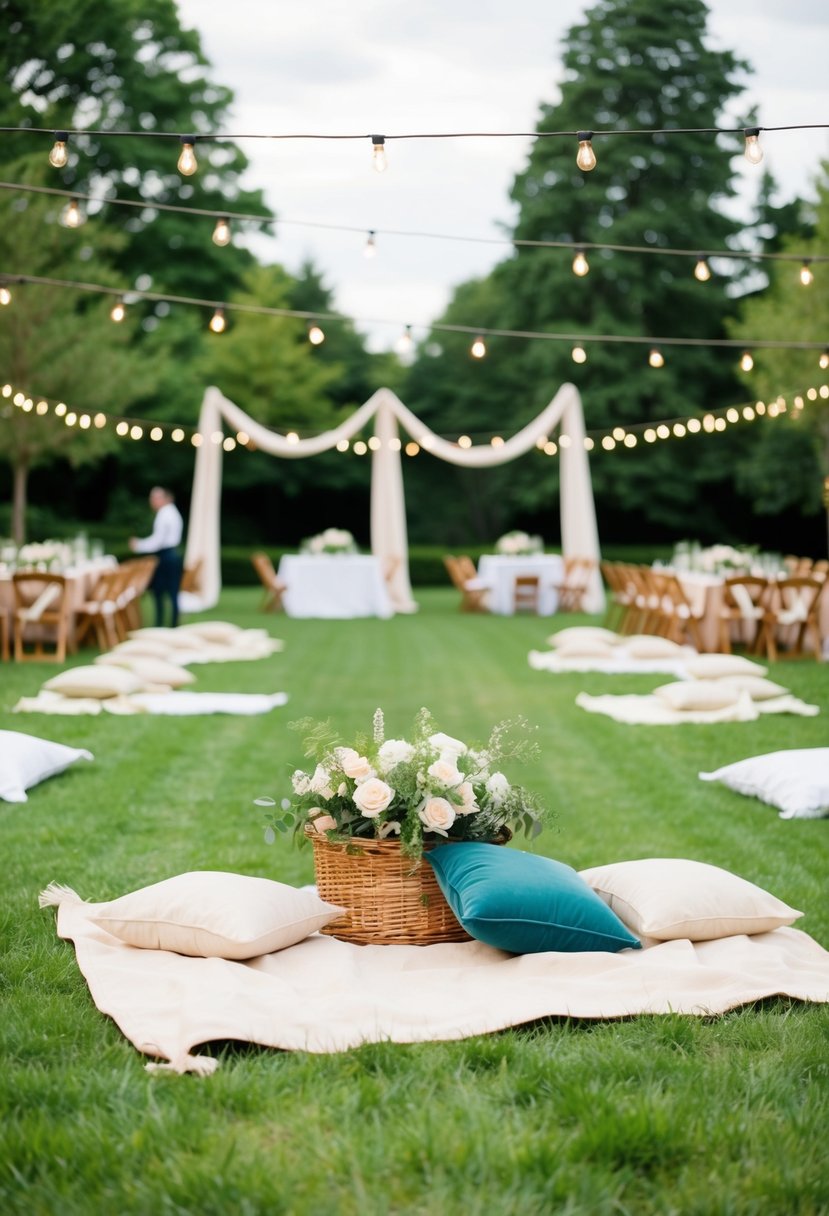 A garden party wedding reception with picnic-style seating, featuring blankets and pillows scattered on the grass