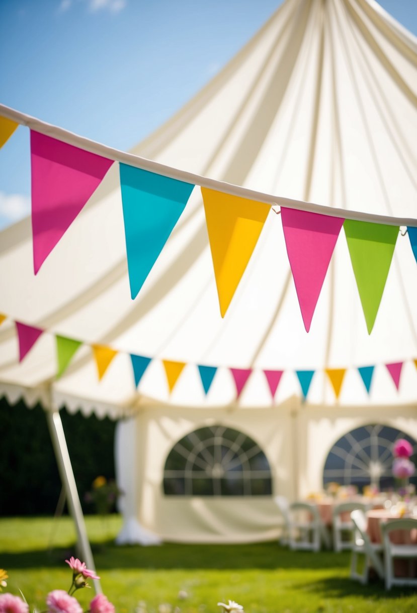 Colorful bunting banners hang from a white tent, fluttering in the breeze at a cheerful garden party