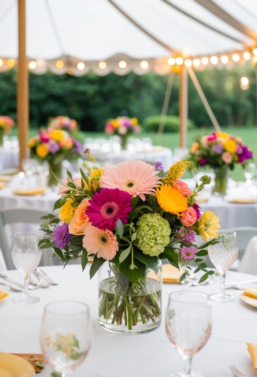 Colorful floral centerpieces adorn a garden party tent, adding a touch of natural beauty and elegance to the outdoor setting