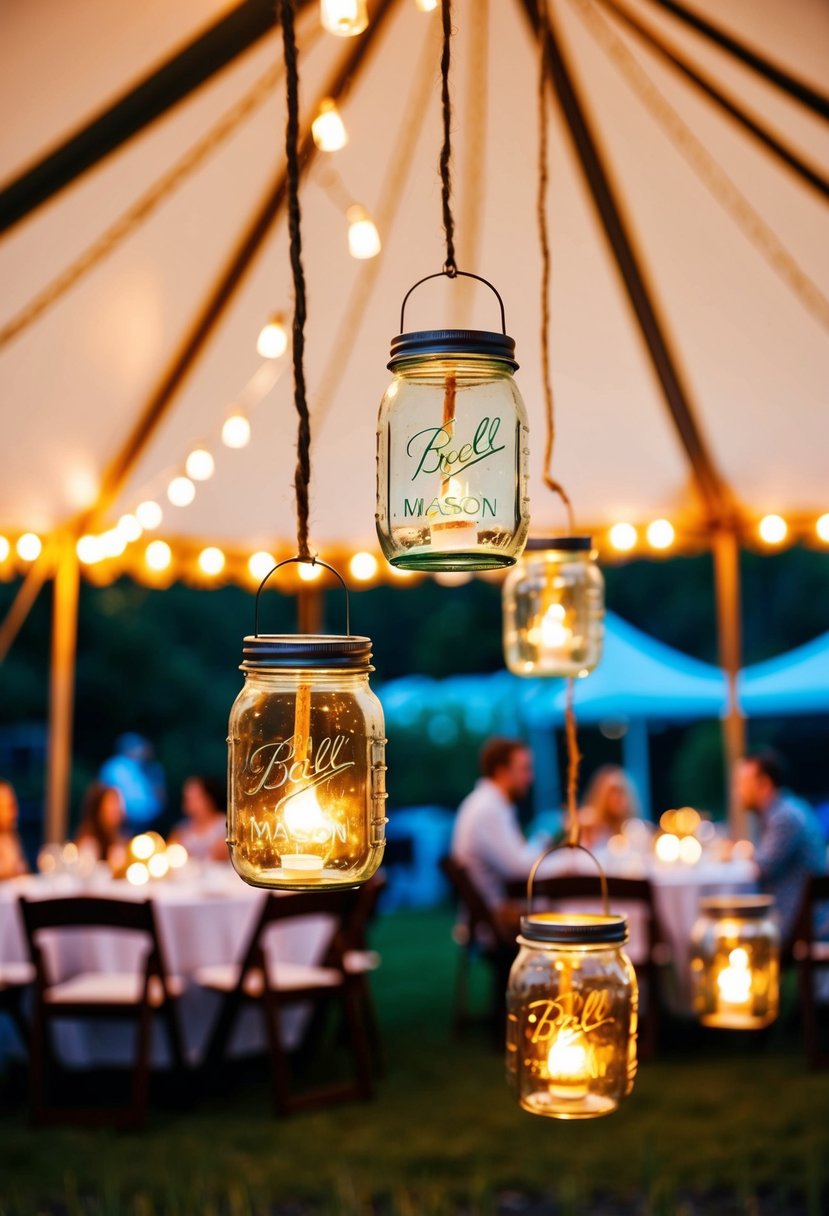 Mason jar lanterns hang from a garden party tent, casting a warm glow over the festive atmosphere