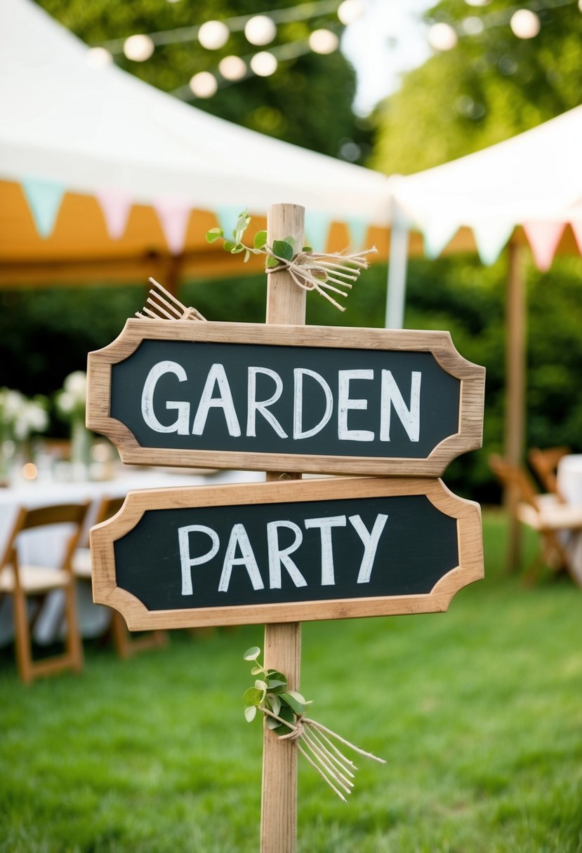 A garden party tent adorned with charming rustic chalkboard signs