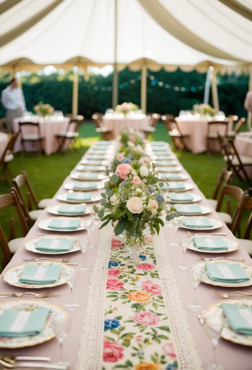 A garden party tent adorned with vintage table runners in a floral and lace pattern, creating a charming and elegant atmosphere