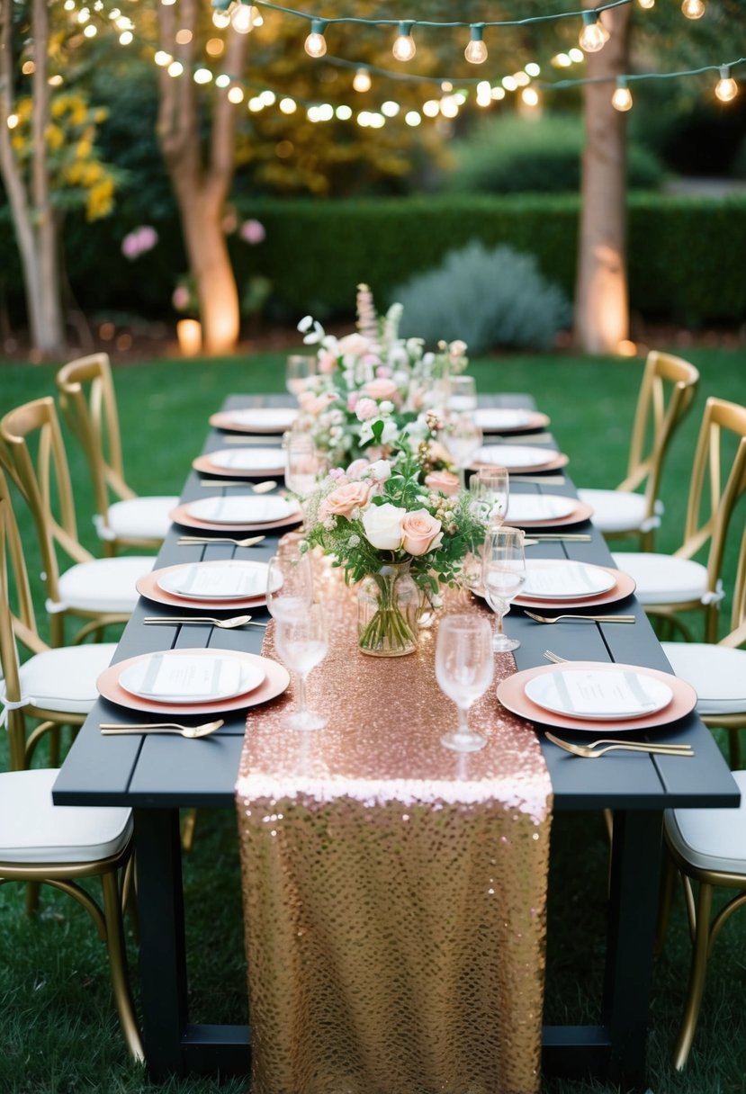 A garden party table adorned with rose gold sequin runners, surrounded by twinkling lights and blooming flowers