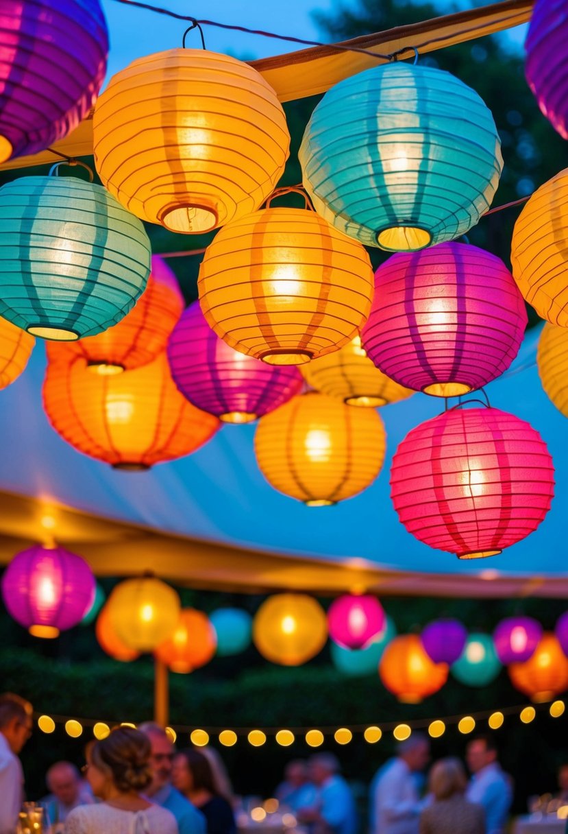 Vibrant paper lanterns hang from the tent, casting a warm and colorful glow over the garden party
