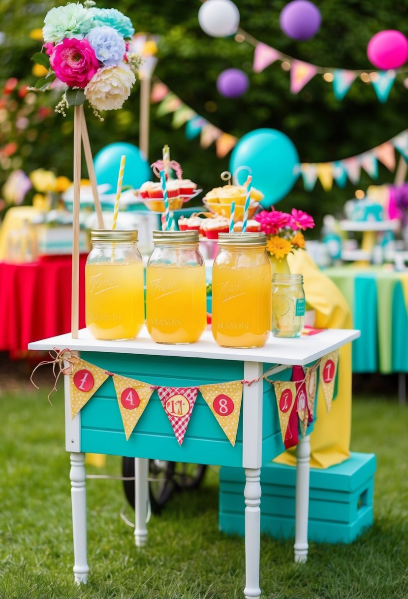 A quaint lemonade stand adorned with mason jars, nestled among vibrant garden party decorations for an 18th birthday celebration