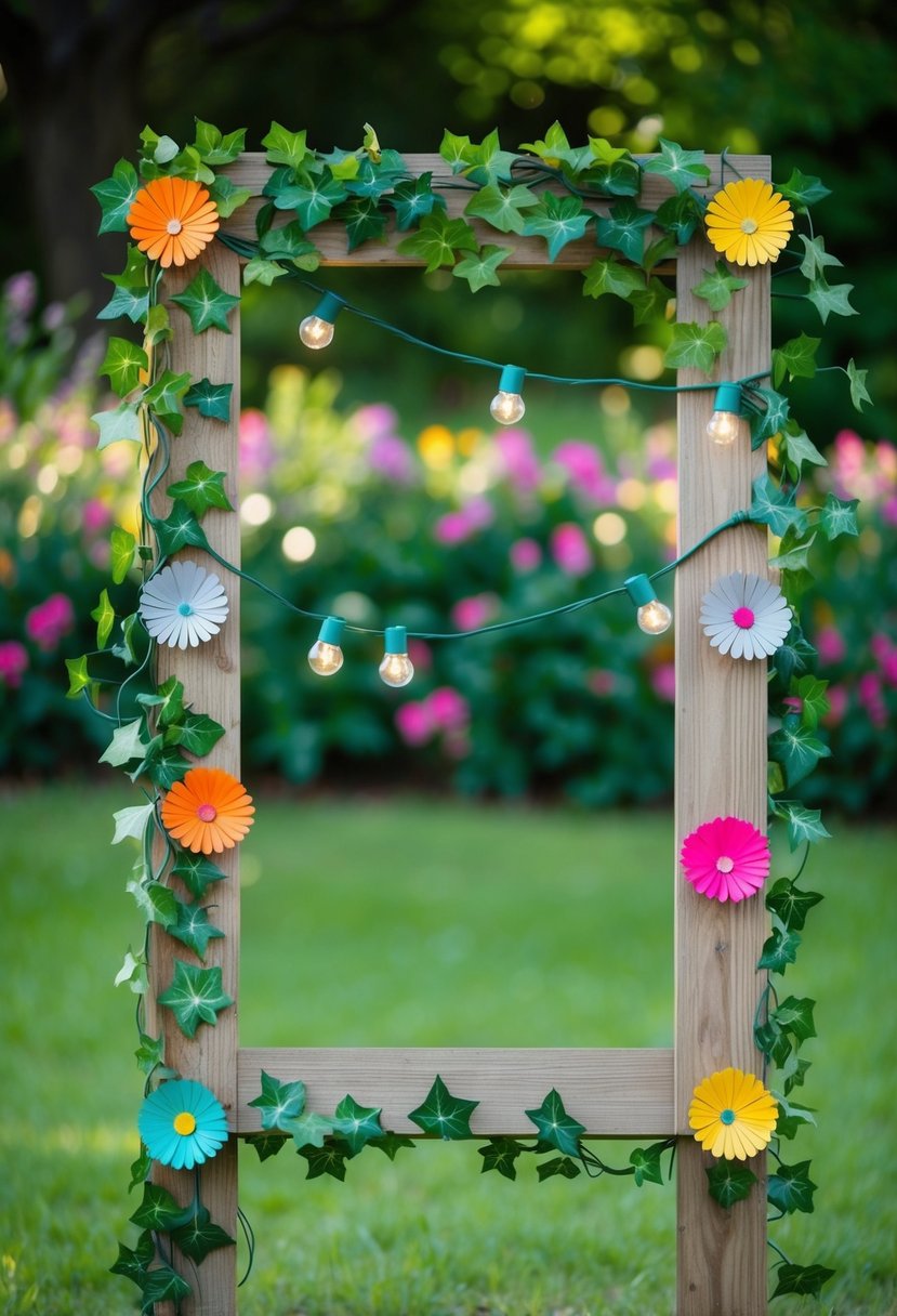 A rustic wooden frame draped with ivy, string lights, and colorful paper flowers, set against a backdrop of lush greenery and blooming flowers