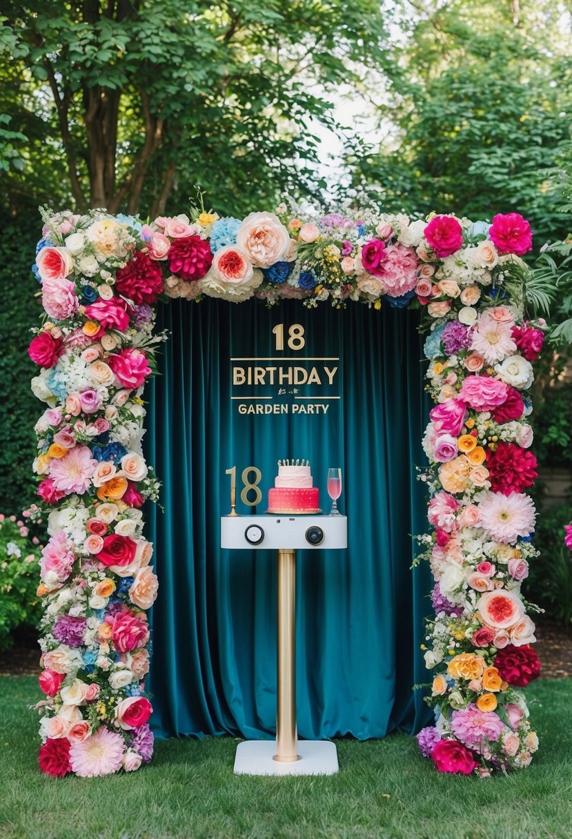 A photo booth with a vibrant floral backdrop set up at an 18th birthday garden party