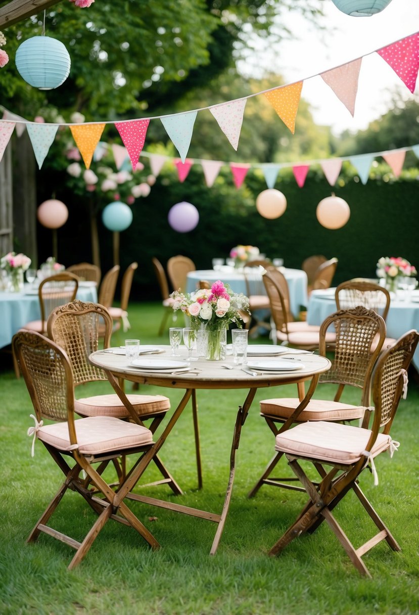 Vintage garden furniture arranged for an 18th birthday party. Lanterns, flowers, and bunting decorate the outdoor space