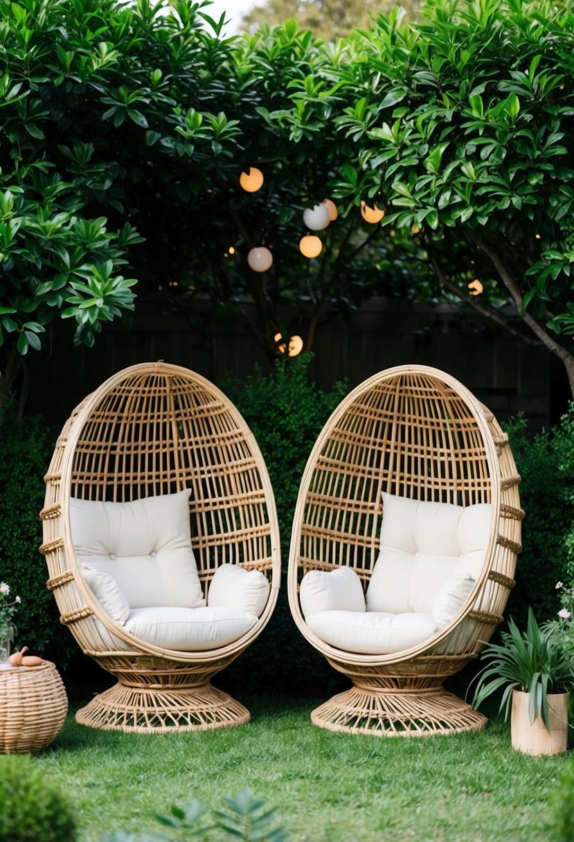 Two wicker egg chairs surrounded by lush greenery, creating a cozy and inviting seating arrangement for a garden party