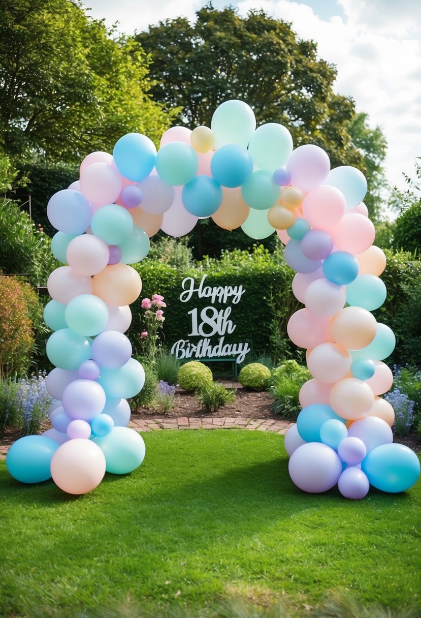 A garden adorned with a pastel-colored balloon arch for an 18th birthday celebration