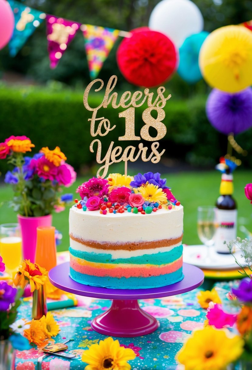 A colorful garden party with a vibrant 18th birthday cake topped with a decorative 'Cheers to 18 Years' topper, surrounded by festive decorations and flowers