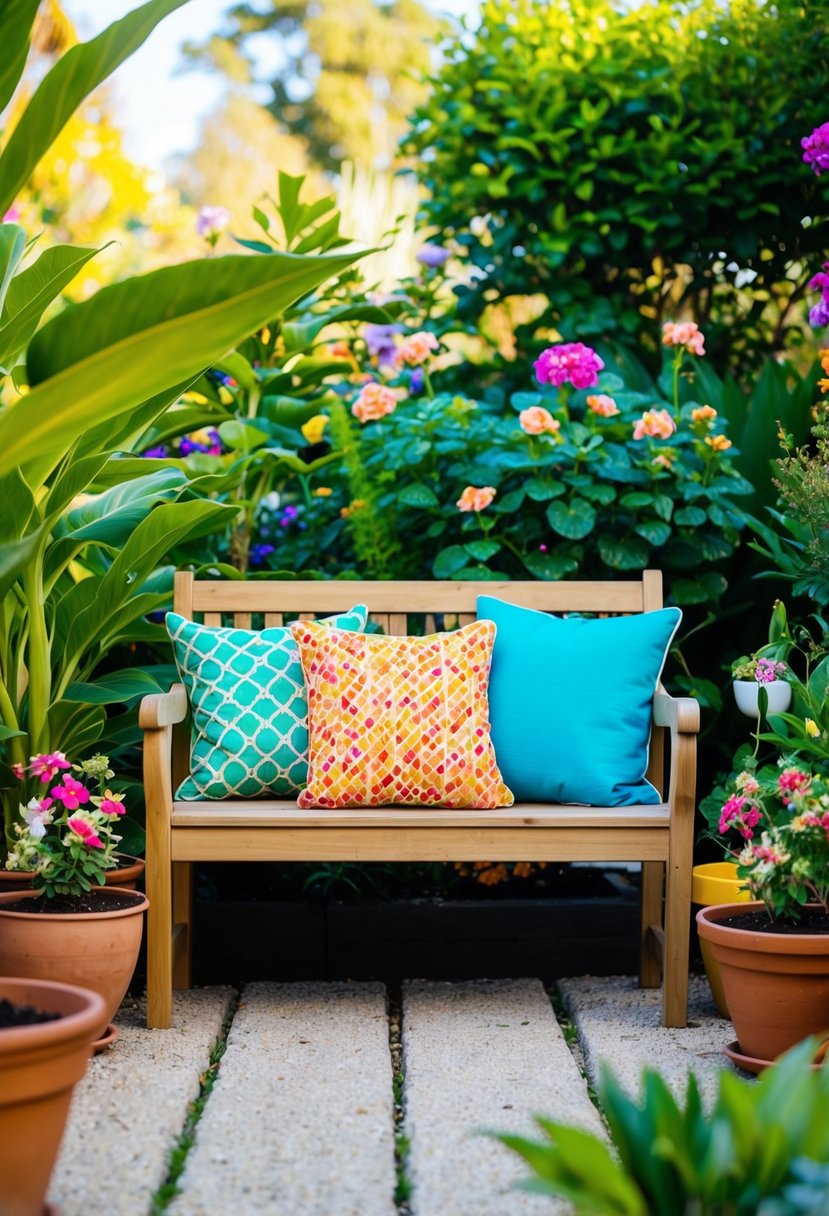 A wooden bench with a colorful cushion set in a lush garden, surrounded by potted plants and flowers
