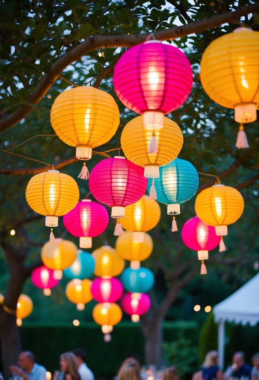 Colorful paper lanterns hang from the branches of the trees, casting a warm and festive glow over the garden party