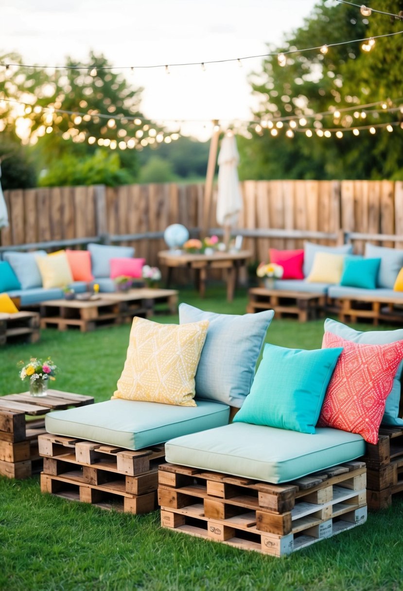 Rustic wooden pallets arranged with colorful cushions for a cozy garden party seating
