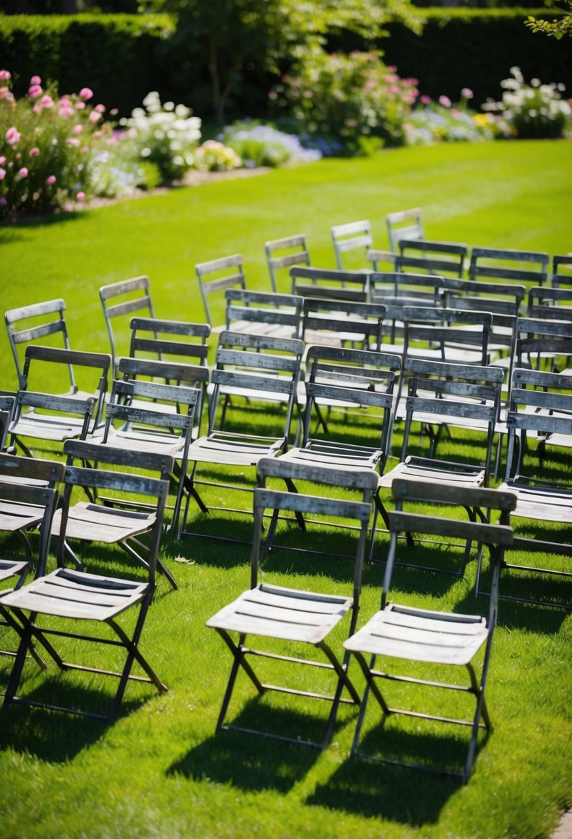 A row of weathered metal folding chairs arranged in a circular pattern on a grassy garden lawn, surrounded by blooming flowers and dappled sunlight