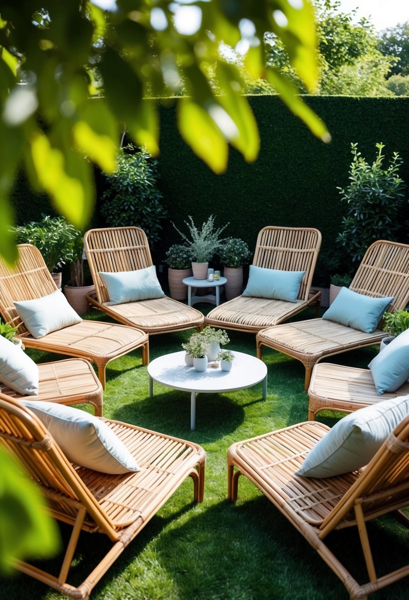 A cozy garden party set up with rattan sun loungers arranged in a semi-circle around a low table, adorned with cushions and surrounded by potted plants