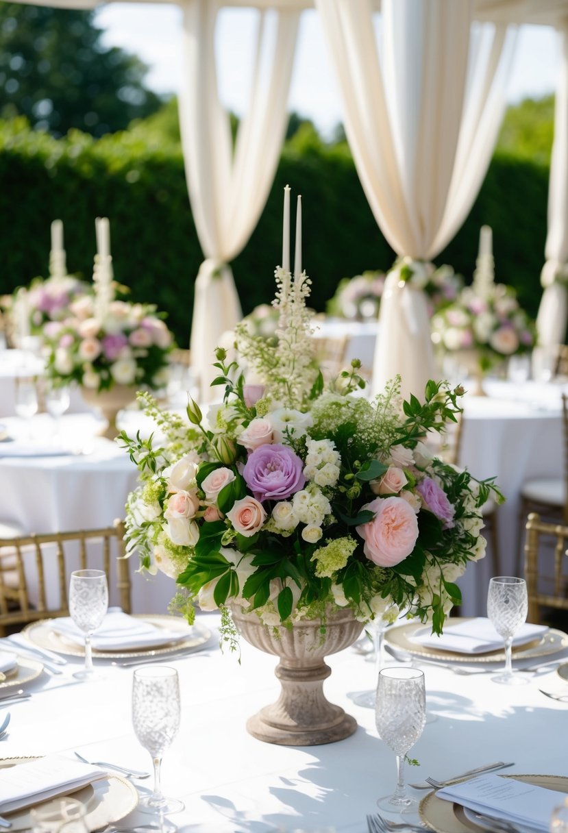 Lush floral centerpieces adorn a garden party, adding elegance to a women's 50th celebration