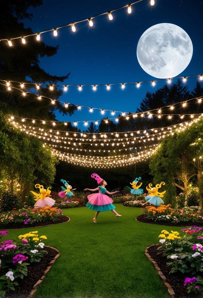 A magical forest garden with twinkling lights, colorful flowers, and whimsical creatures dancing under the moonlit sky