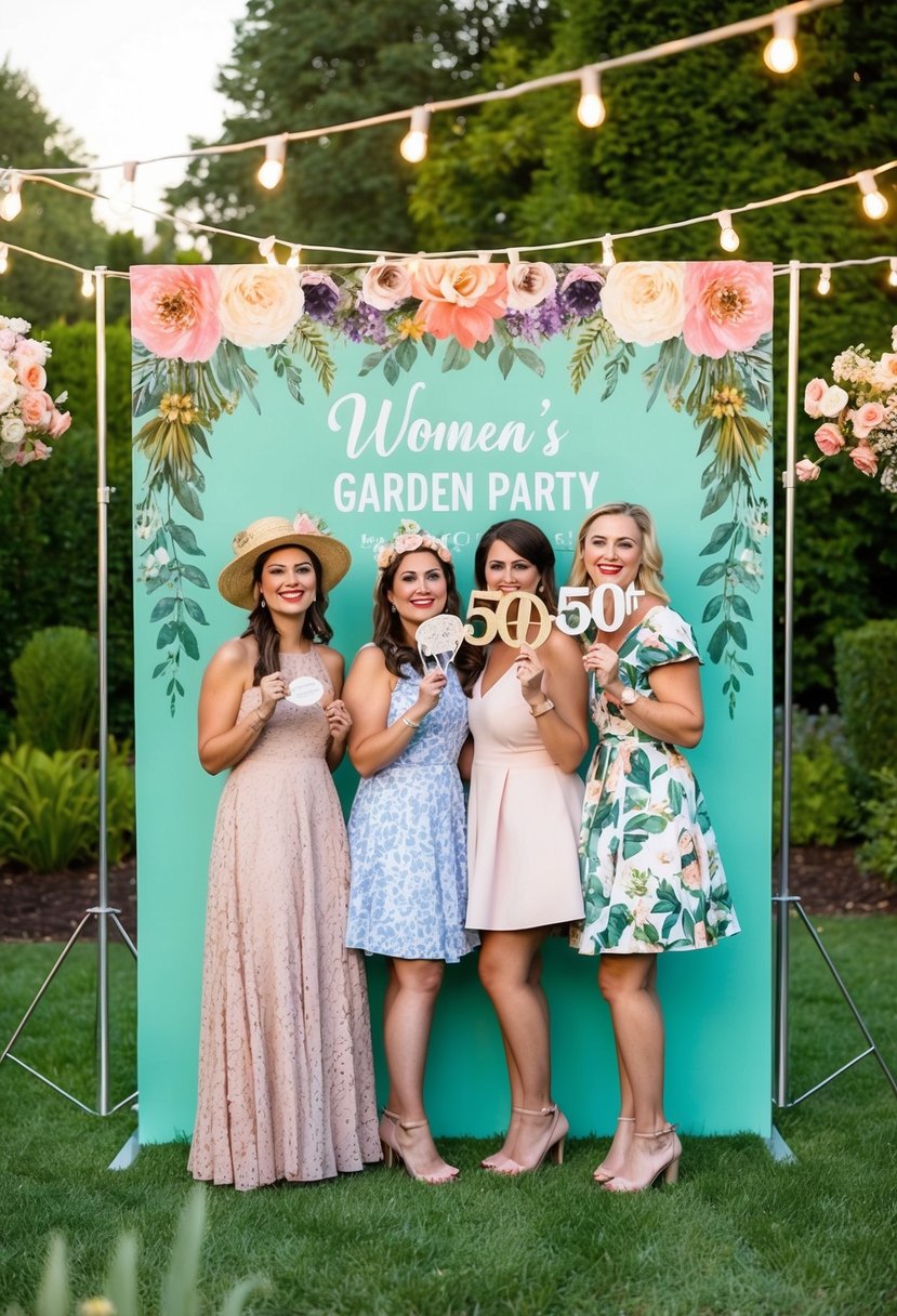 A garden-themed photo booth with floral backdrops, vintage props, and twinkling string lights for a women's 50th garden party celebration