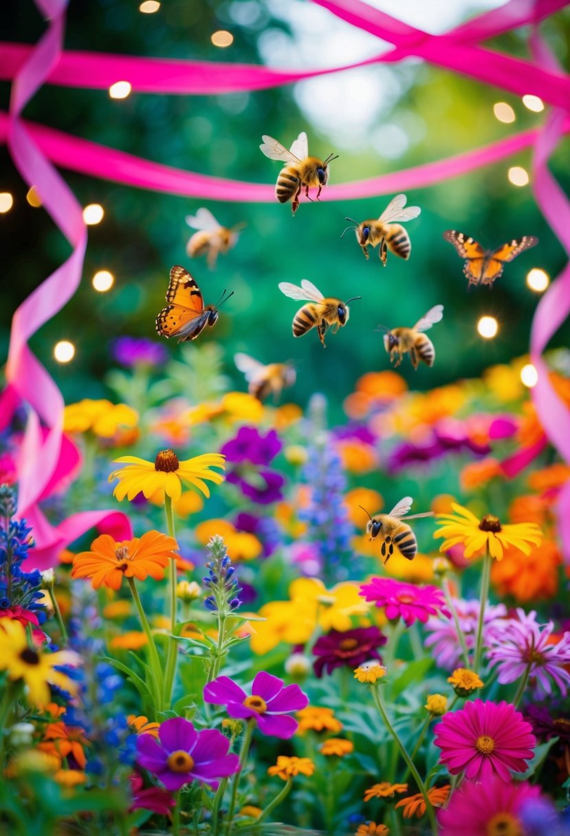 A vibrant garden filled with colorful flowers, buzzing bees, and fluttering butterflies, surrounded by dancing ribbons and twinkling lights