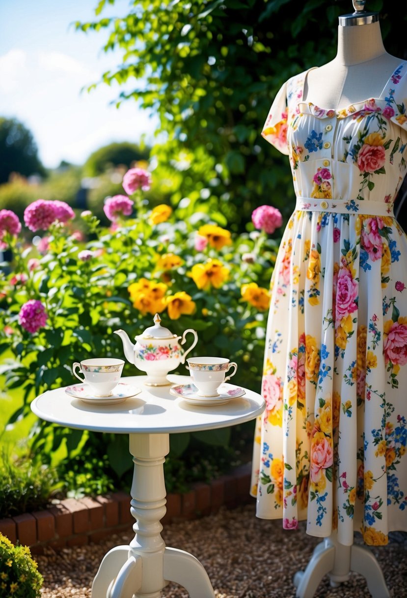 A sunny garden with blooming flowers, a quaint table set with vintage teacups and saucers, and a mannequin wearing a floral tea dress