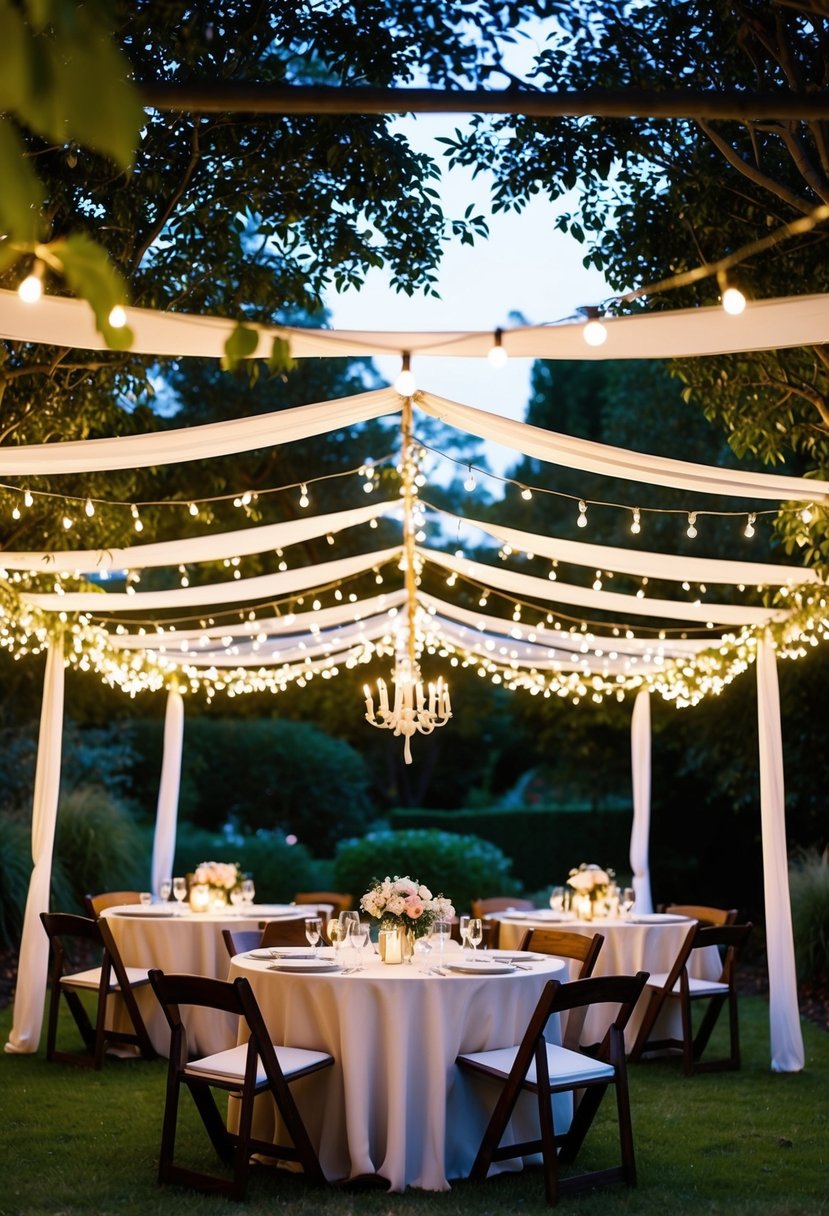 A garden canopy adorned with string lights, creating a warm and inviting atmosphere for a women's 50th birthday celebration