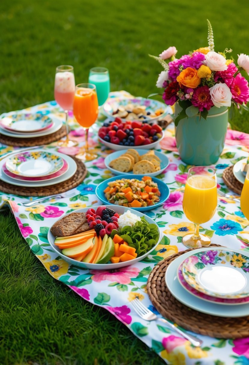A colorful outdoor picnic setup with a floral tablecloth, elegant tableware, and a variety of delicious food and drinks arranged on a lush garden lawn