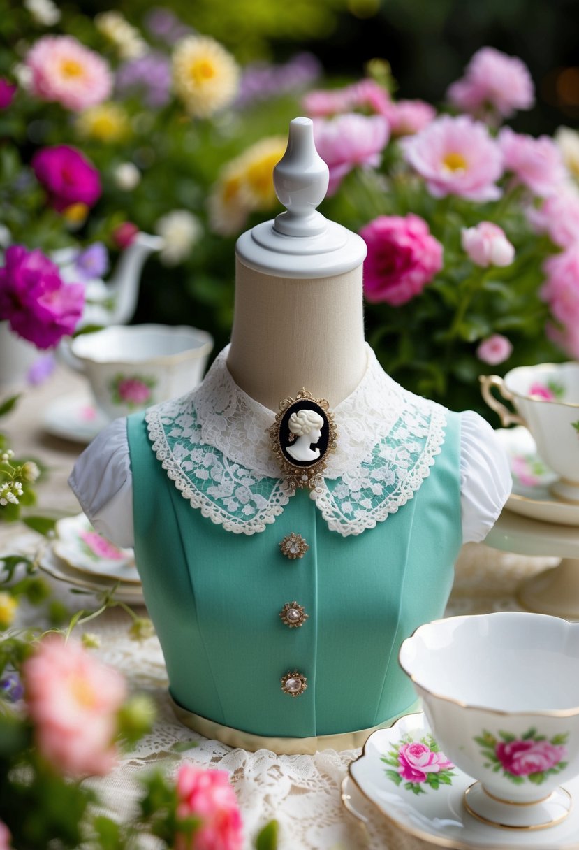 A vintage-inspired garden party outfit with a cameo brooch pinned to a lace collar, surrounded by blooming flowers and delicate tea cups