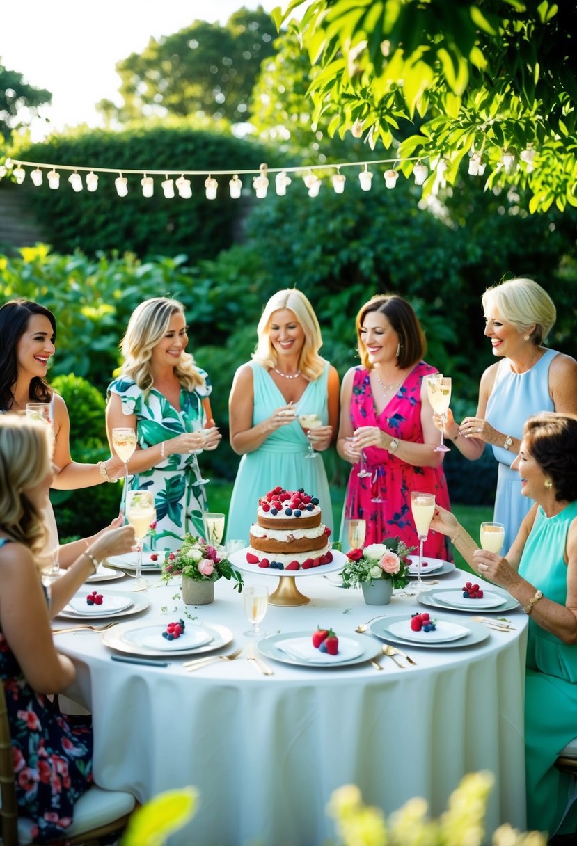 A lush garden with a table set for a party, adorned with mixed berry shortcake and surrounded by women celebrating a 50th birthday