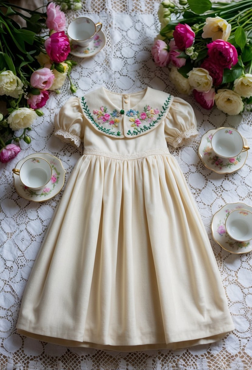 A dainty vintage dress with an embroidered Peter Pan collar, surrounded by blooming flowers and delicate tea cups on a lace tablecloth