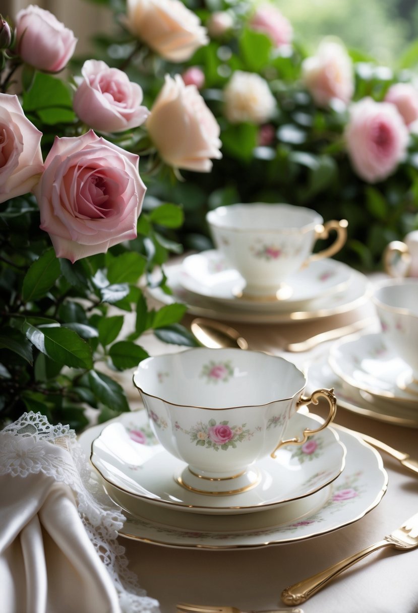 A table set with delicate tea cups and saucers, surrounded by blooming roses and lush greenery, with a pair of silk gloves with lace trim draped over the edge