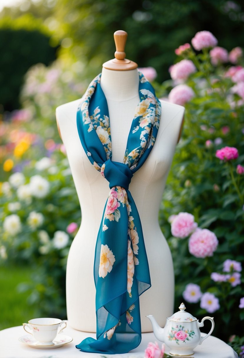 A chiffon scarf with a vintage floral print drapes over a dress form amidst a garden setting, surrounded by blooming flowers and a quaint tea set
