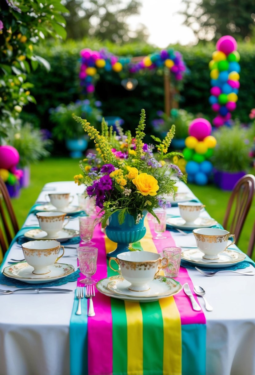 A garden table adorned with vintage teacup centerpieces, surrounded by colorful 90s-themed decorations and lush greenery