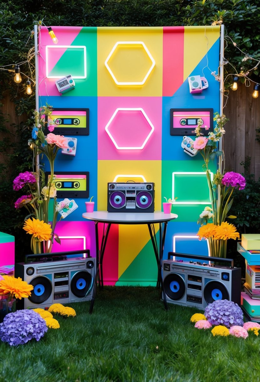 A 90s-themed garden party with a retro photo booth backdrop featuring neon geometric shapes, cassette tapes, and boomboxes surrounded by colorful flowers and string lights