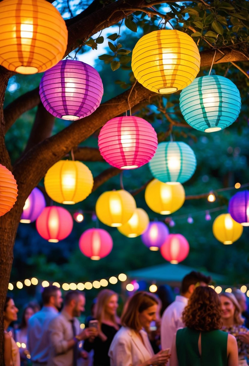 Colorful paper lanterns hang from trees in a 90s-themed garden party, casting a warm and vibrant glow over the festivities
