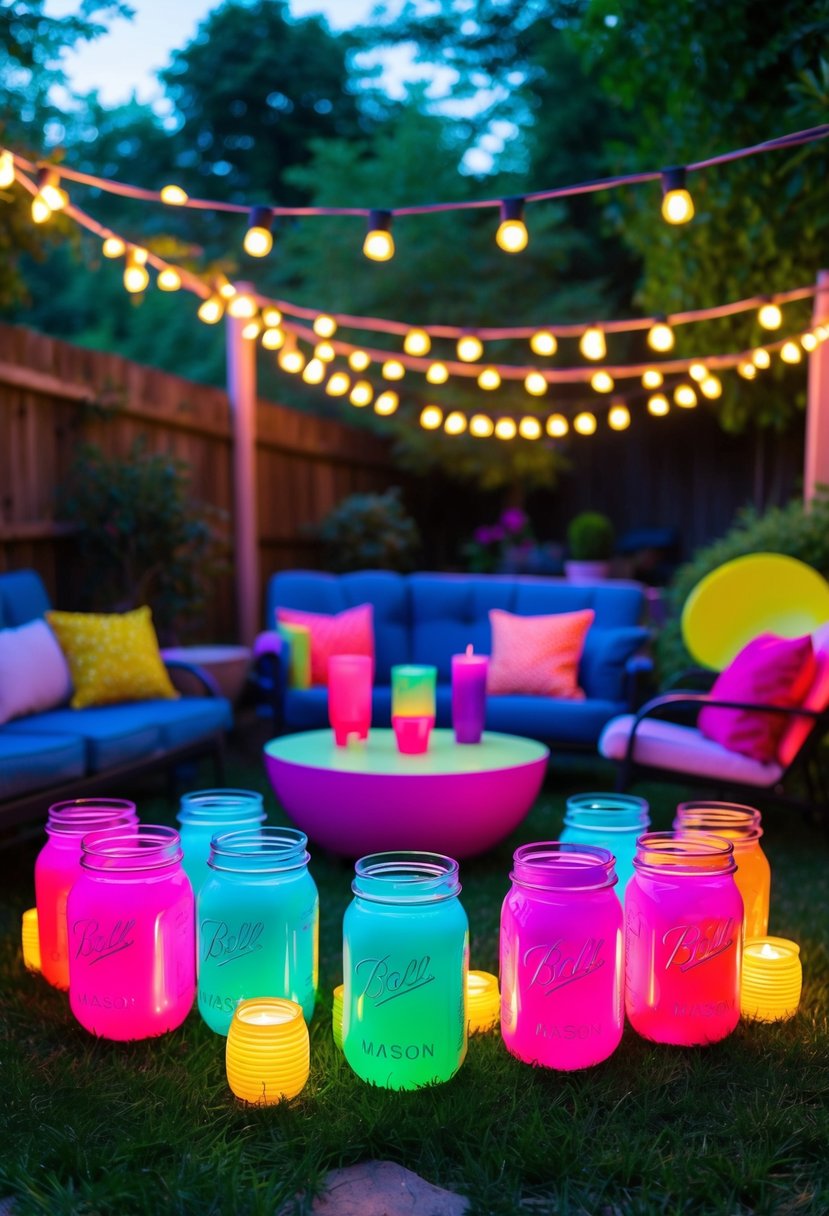 A backyard garden adorned with mason jar candle holders, neon lights, and retro decor for a 90s themed party
