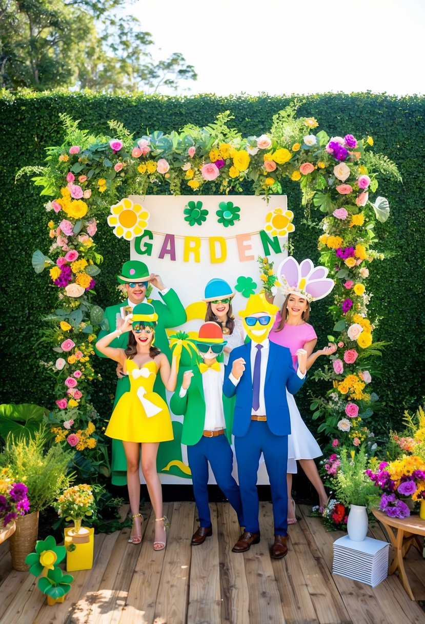 A photo booth with garden-themed props set up in a lush outdoor party, with colorful flowers and greenery as a backdrop