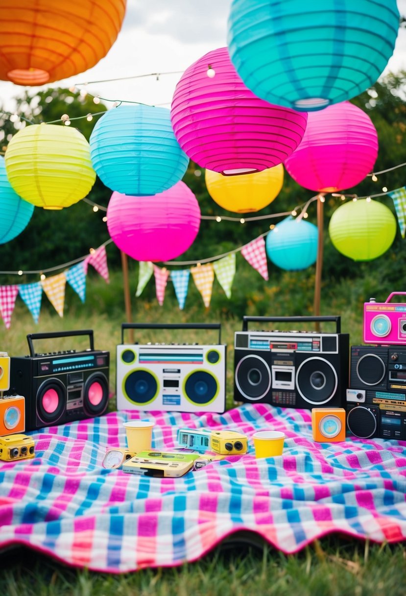 Colorful gingham picnic blankets spread out on the grass, surrounded by vintage 90s-themed decorations like cassette tapes, boomboxes, and neon-colored paper lanterns